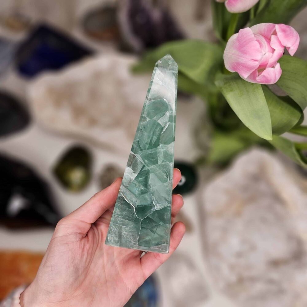 Krystaly a svíčky Dória - zelený fluorit obelisk
